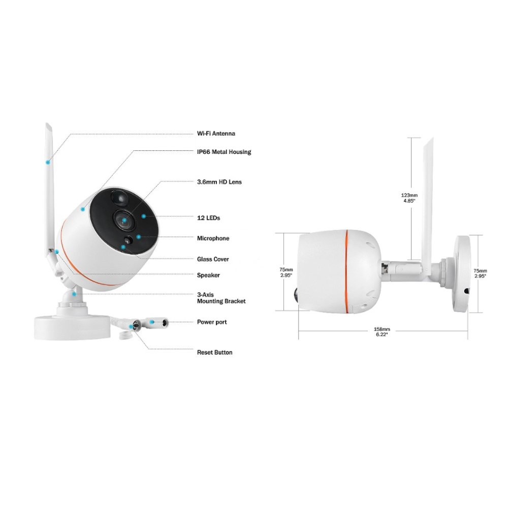 Loosafe 2CH Full HD 1080P Security Alarm White Smart Home Surveillance System Wireless Action Camera Kit With Screen