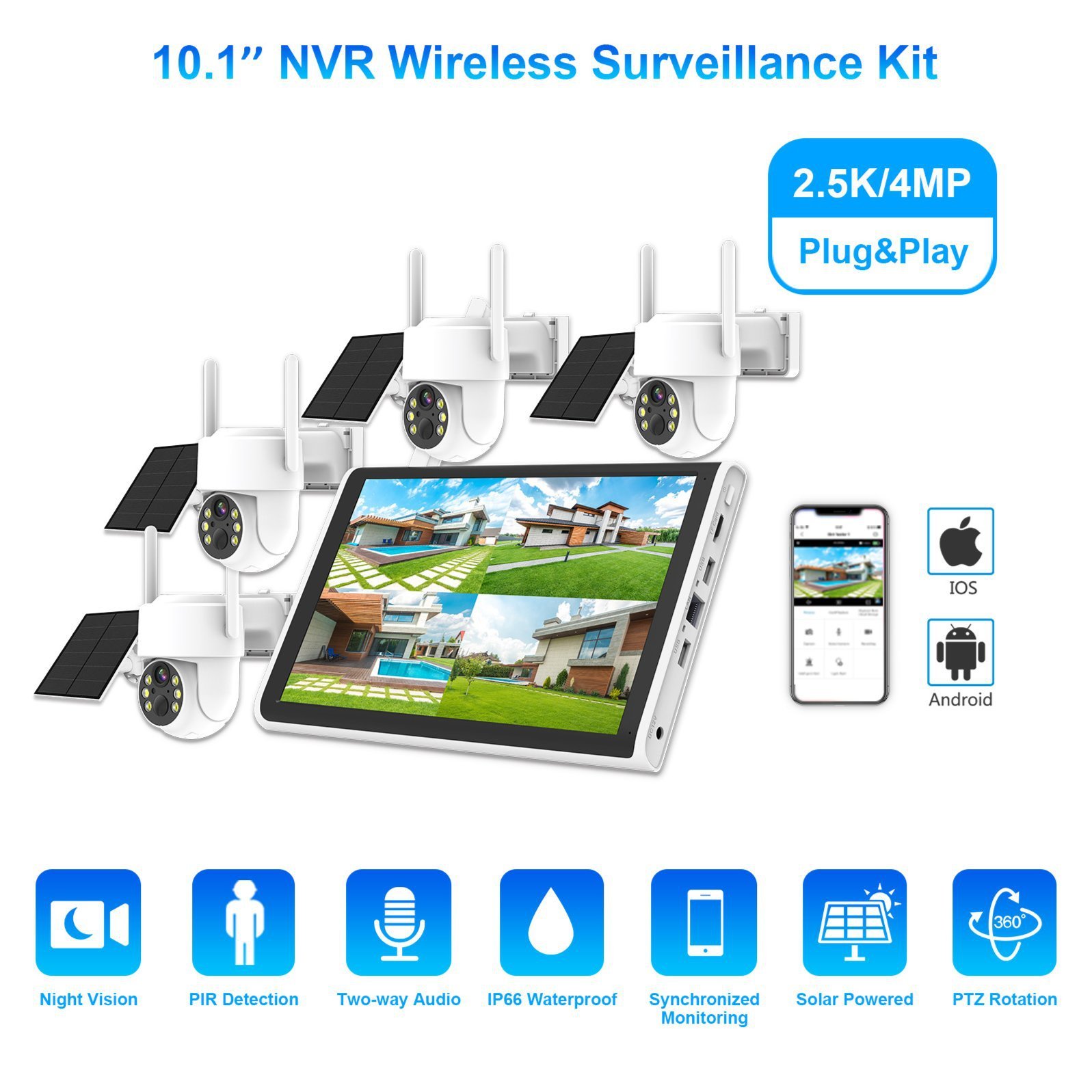 2.5K Plug Play10.1'' NVR PTZ WIFI Camera Kits System 4MP Pant-Tilt Two-Way Audio IP Security CCTV Solar Powered Network Camera
