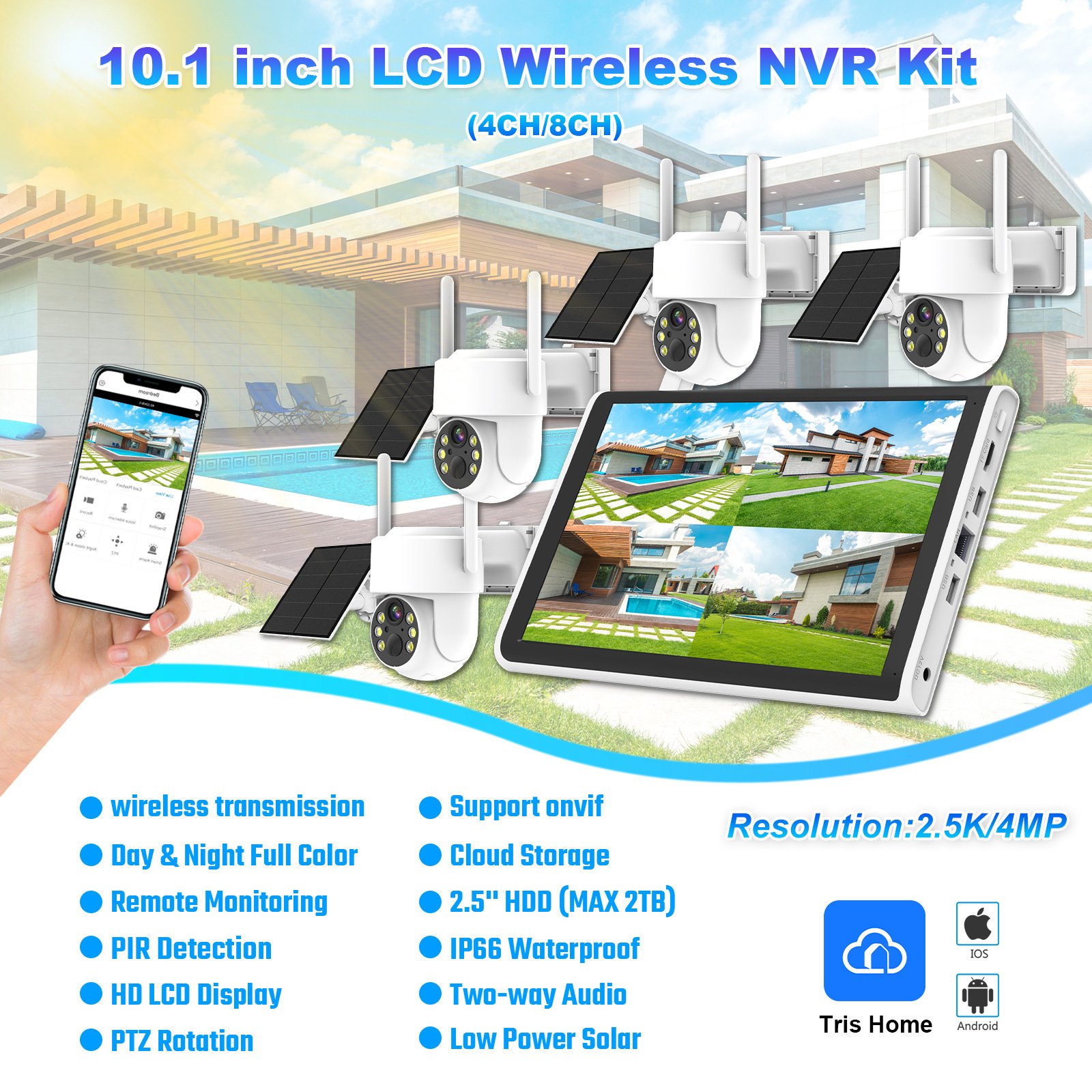 2.5K Plug Play10.1'' NVR PTZ WIFI Camera Kits System 4MP Pant-Tilt Two-Way Audio IP Security CCTV Solar Powered Network Camera