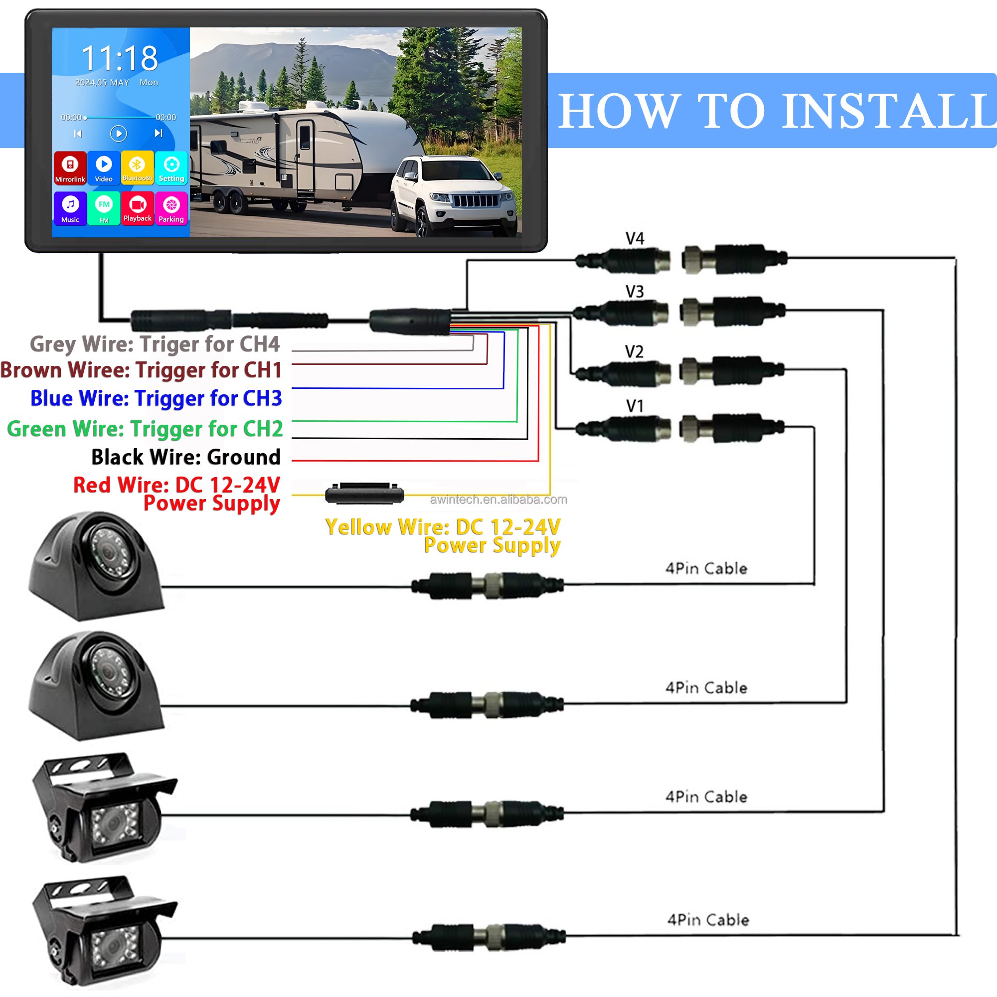 Backup Camera 10.36" Touch Screen Monitor for Truck Van Trailer DVR Recording with Bluetooth FM MP5 1080P Rear Side View Camera