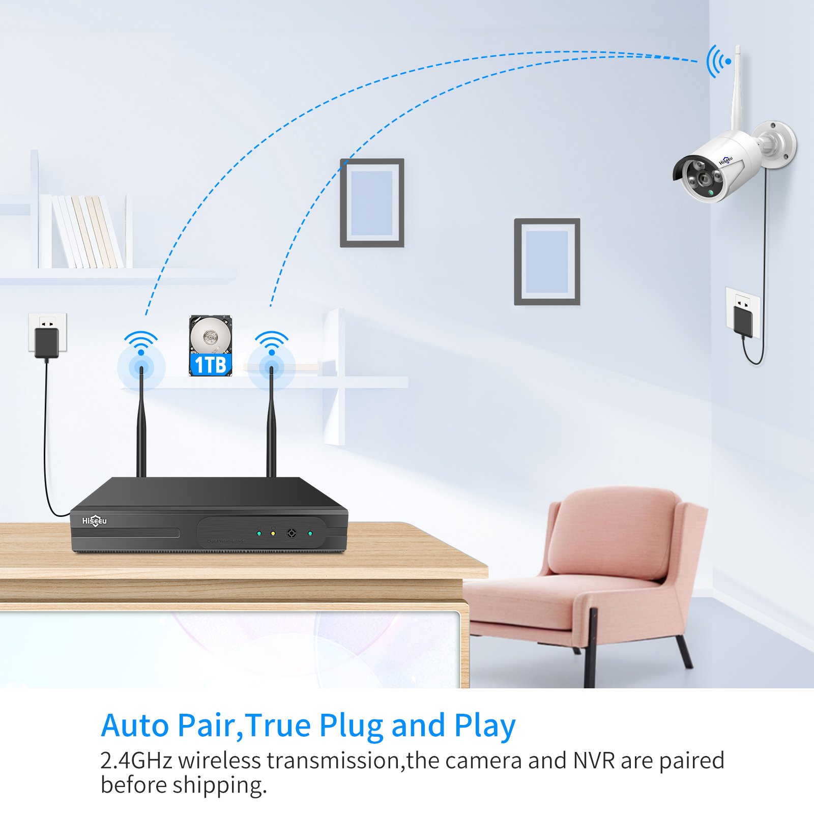 Hiseeu 4MP Night Vision Motion Sensor Home Security Camera System Wireless Nvr Recorder Cctv Camera Set Wifi H.265 4CH Camera