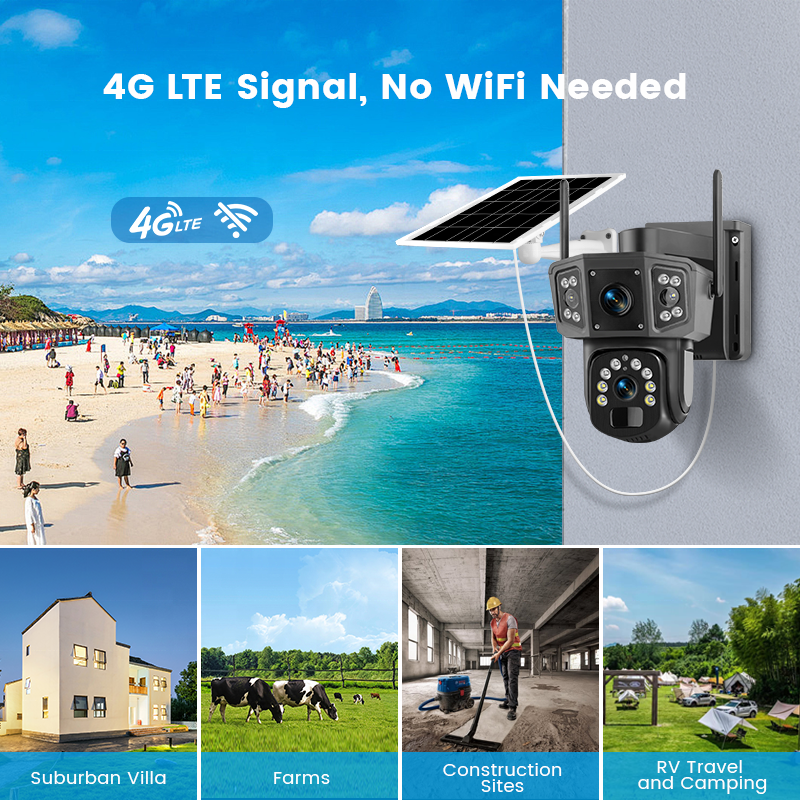 Waterproof V380 PIR Motion Detection 4G Multiple Lens Surveillance Camera Intelligent Solar Energy Alert PTZ Camera