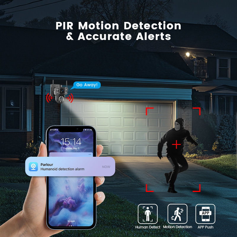 Waterproof V380 PIR Motion Detection 4G Multiple Lens Surveillance Camera Intelligent Solar Energy Alert PTZ Camera