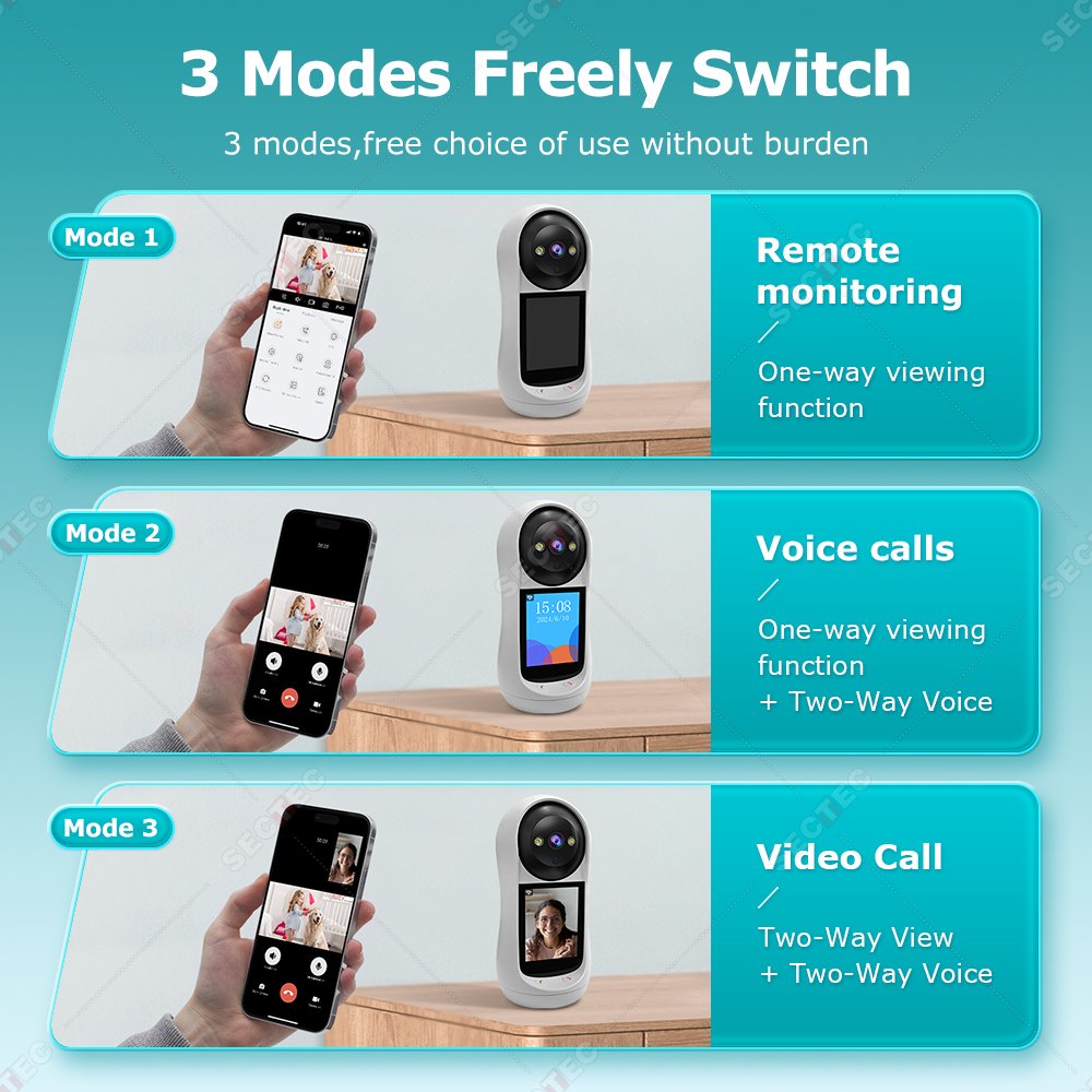 Sectec Mini HD 3MP Baby Monitor Built in Screen PTZ Camera 2K With Night Vision Security System Surveillance Network Camera