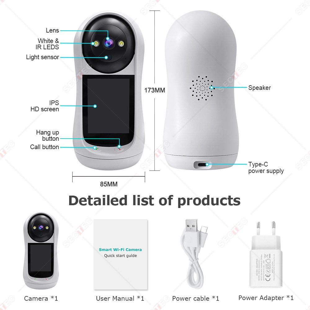 Sectec Mini HD 3MP Baby Monitor Built in Screen PTZ Camera 2K With Night Vision Security System Surveillance Network Camera