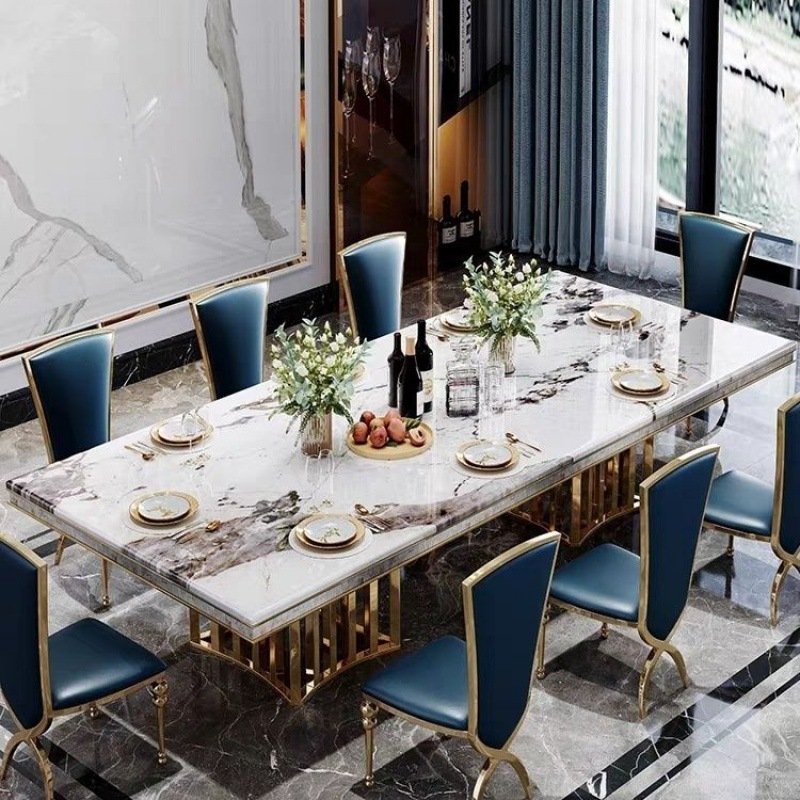 Luxury Stainless Steel Dining Room Table Marble Top Restaurant Table Rectangular Dining Table For Home Hotel Furniture