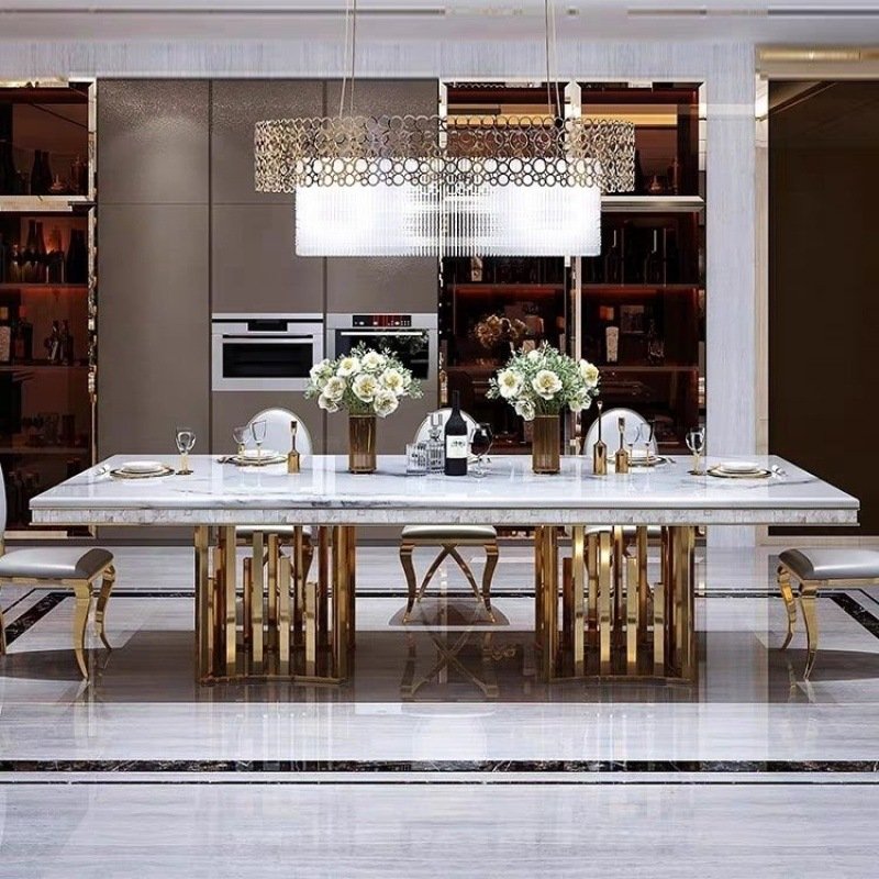 Luxury Stainless Steel Dining Room Table Marble Top Restaurant Table Rectangular Dining Table For Home Hotel Furniture
