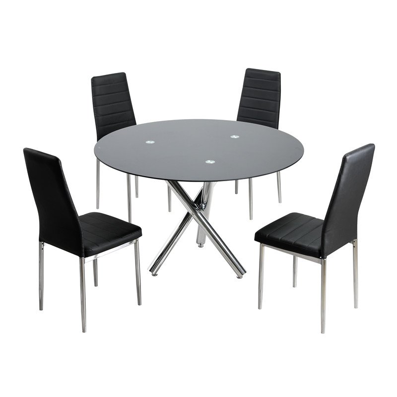 Cheap high quality round black glass top three cross chrome metal legs dining table modern dinning table set