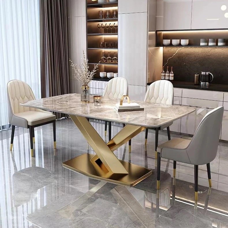 SM Home Furniture Customize Dining Table Modern Golden Wooden Dining Table Set Stainless Steel Metal Dining Room Table Kitchen