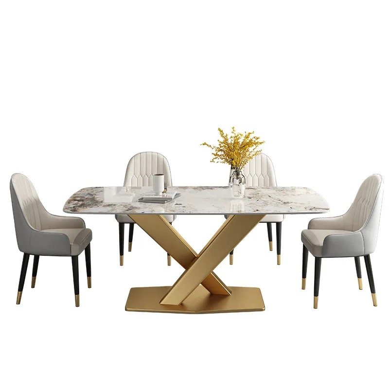 SM Home Furniture Customize Dining Table Modern Golden Wooden Dining Table Set Stainless Steel Metal Dining Room Table Kitchen