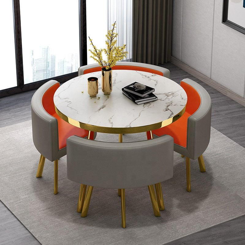 Modern Space Save Small Home Dinning Furniture Restaurant Round Marble Gold Stainless Steel Dining Table And 4 Chair Set