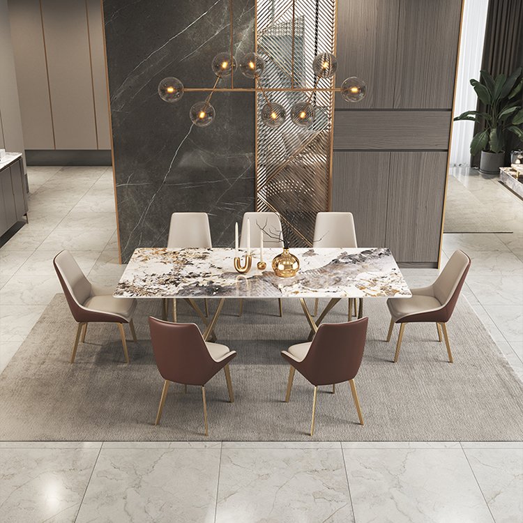 Golden metal home furniture Rectangular marble top dining table 6 seater dining room table and chairs set