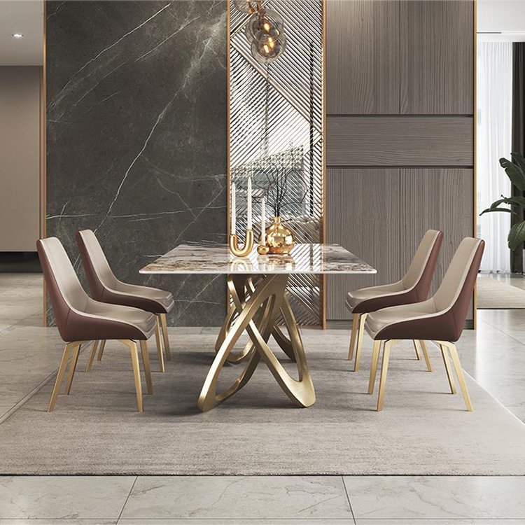 Golden metal home furniture Rectangular marble top dining table 6 seater dining room table and chairs set