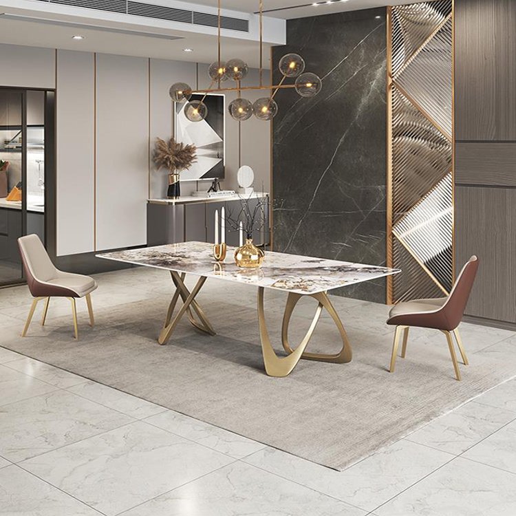 Golden metal home furniture Rectangular marble top dining table 6 seater dining room table and chairs set