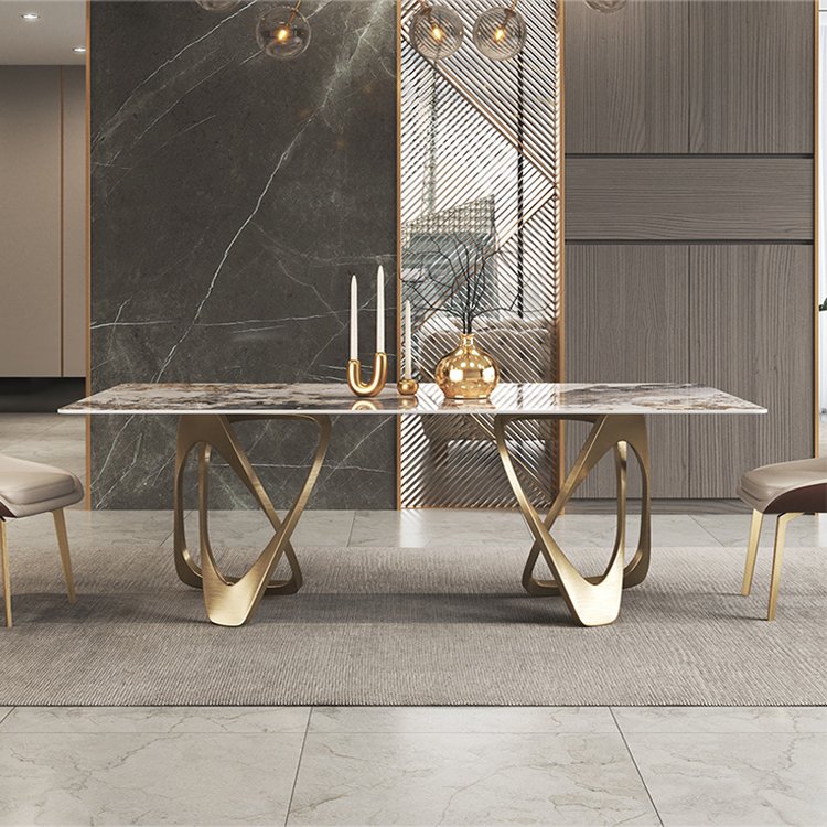 Golden metal home furniture Rectangular marble top dining table 6 seater dining room table and chairs set