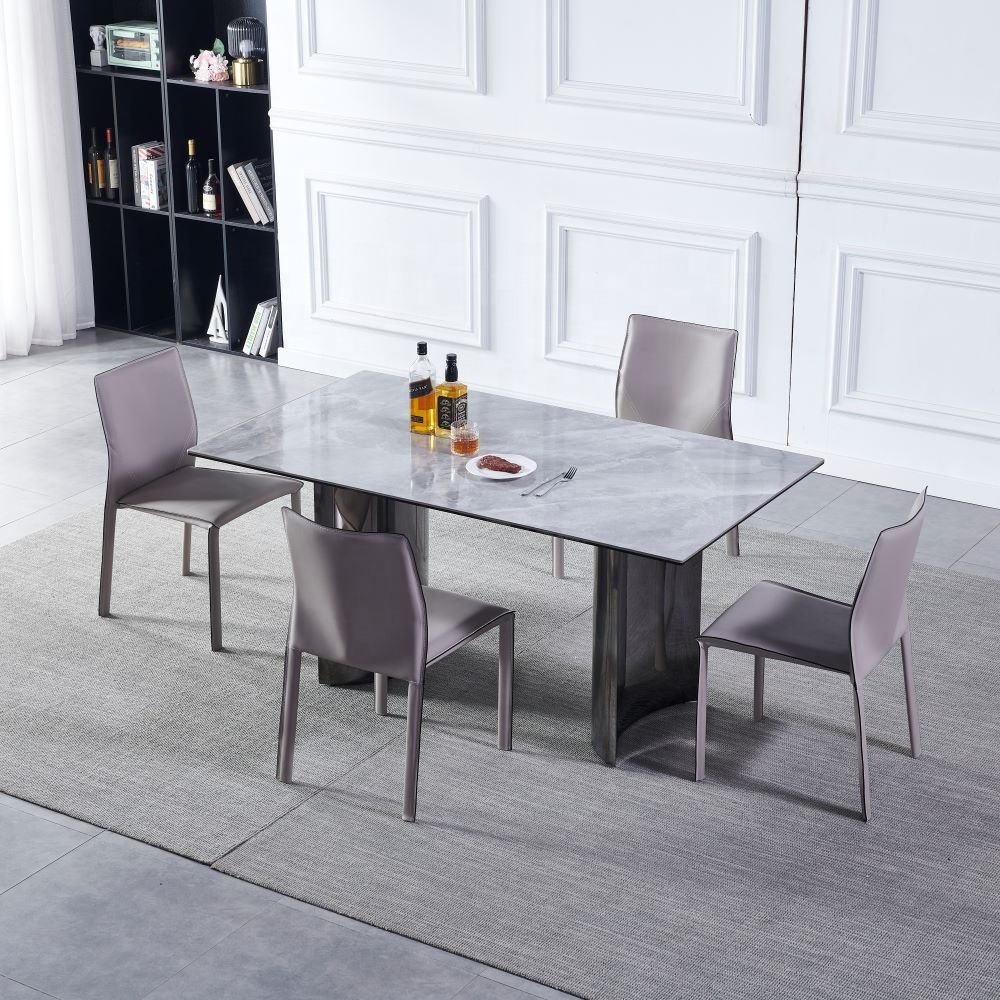 Luxury polished shining stainless steel legs sintered stone top multiple pattern dining table for 4 6 8 chairs