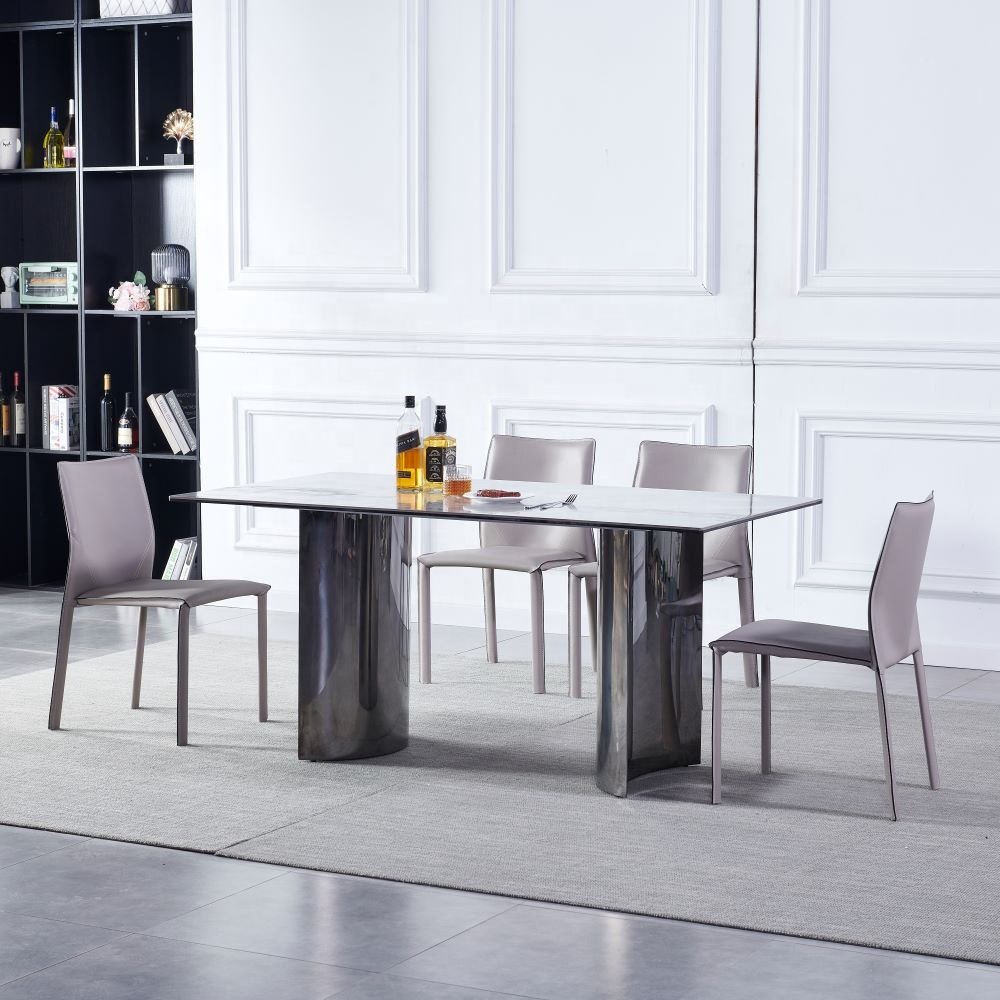 Luxury polished shining stainless steel legs sintered stone top multiple pattern dining table for 4 6 8 chairs