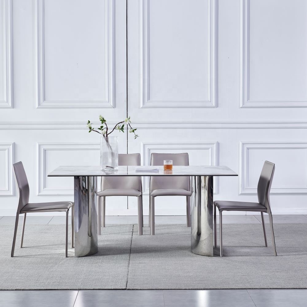 Luxury polished shining stainless steel legs sintered stone top multiple pattern dining table for 4 6 8 chairs