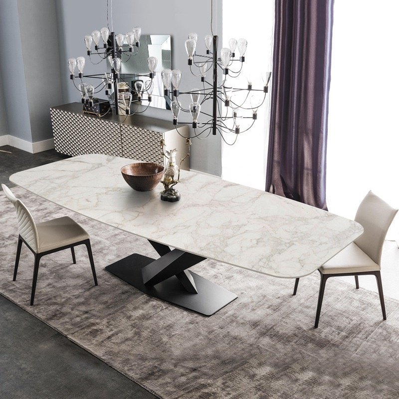 Wholesale Modern Simple Design MDF ceramic marble top golden chromed leg Dining Tables Restaurant Home Furniture