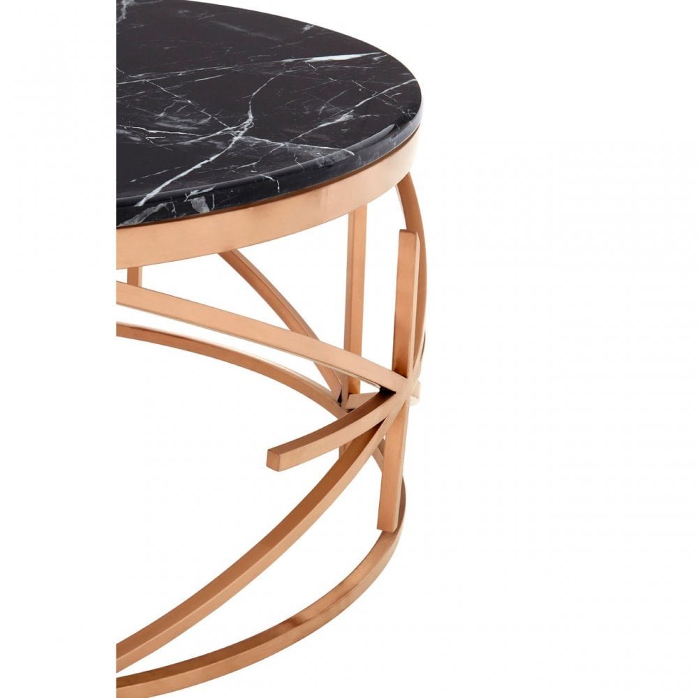 Geometric Frame Metal Coffee Table Round Marble Top Is Finished In A Fashionable Rose Gold Tone Base Enhancing Its Luxe Appeal