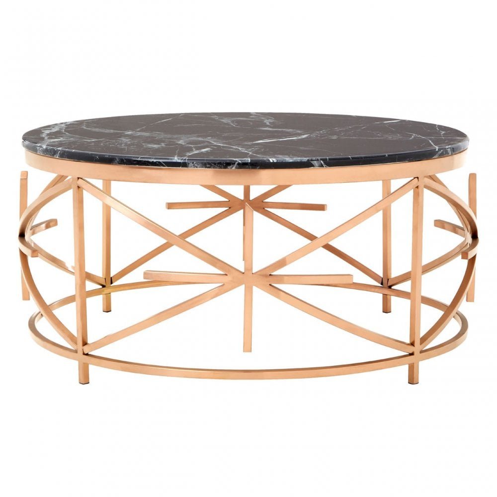 Geometric Frame Metal Coffee Table Round Marble Top Is Finished In A Fashionable Rose Gold Tone Base Enhancing Its Luxe Appeal