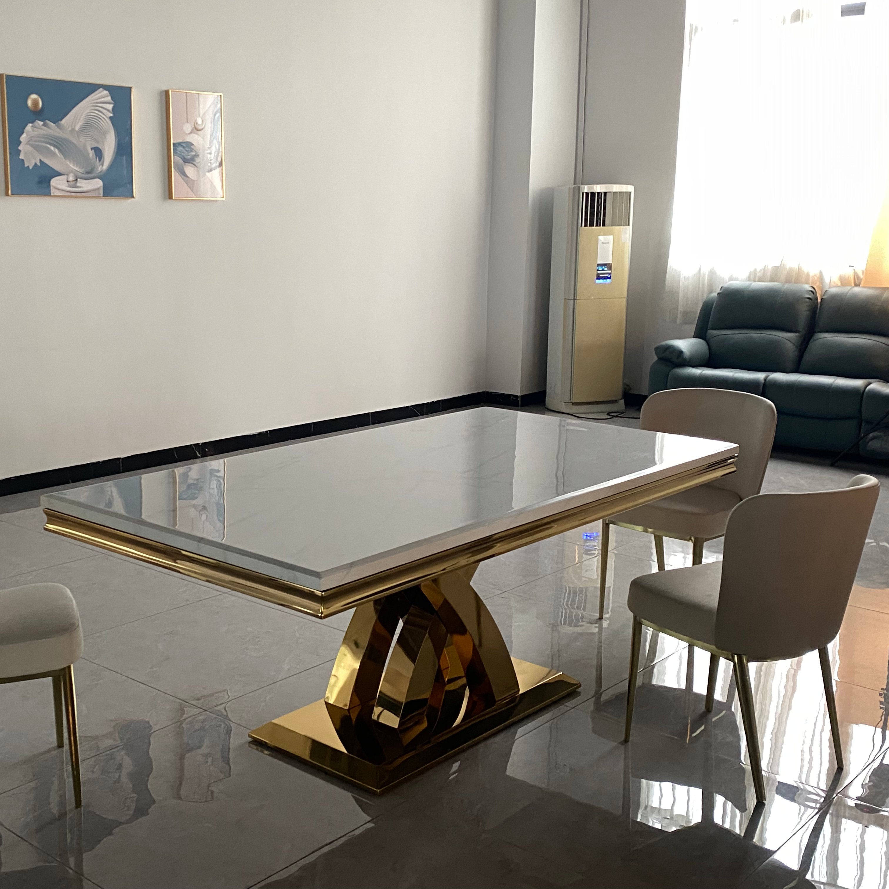 luxury gold dining table with white marble top banquet table OEM furniture supplier dining table set