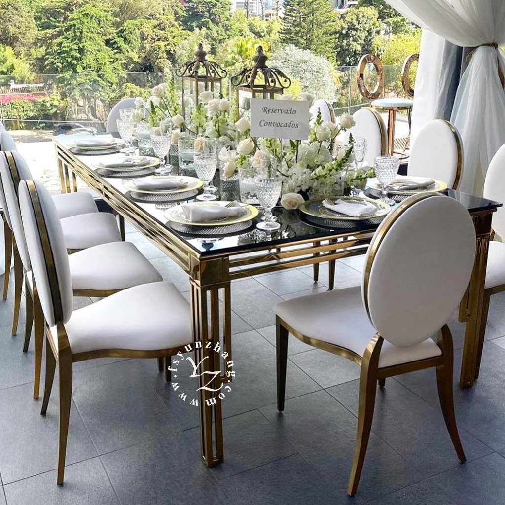 Modern Luxury Hotel-Style Dining Room Furniture MDF Top with Gold Stainless Steel Frame for Home Apartment Weddings Restaurants