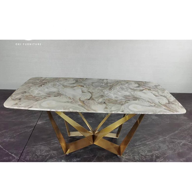 modern dining room fancy unique luxury gold stainless steel metal crossed leg stone marble dining table 8 seater