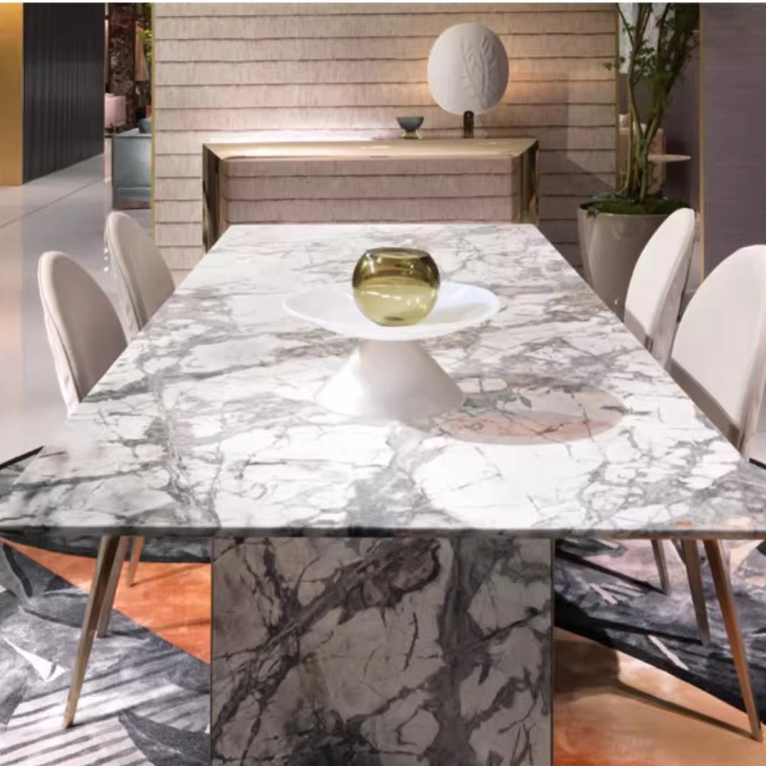 MR Luxury Stainless Steel Frame Dining Table Set Marble Top Rectangular Dining Table with Chairs For Home Hotel Furniture