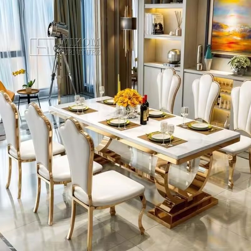 New Design Home Furniture Luxury Dining Table With Metal Base Marble Stainless Steel Modern Dining Room Table