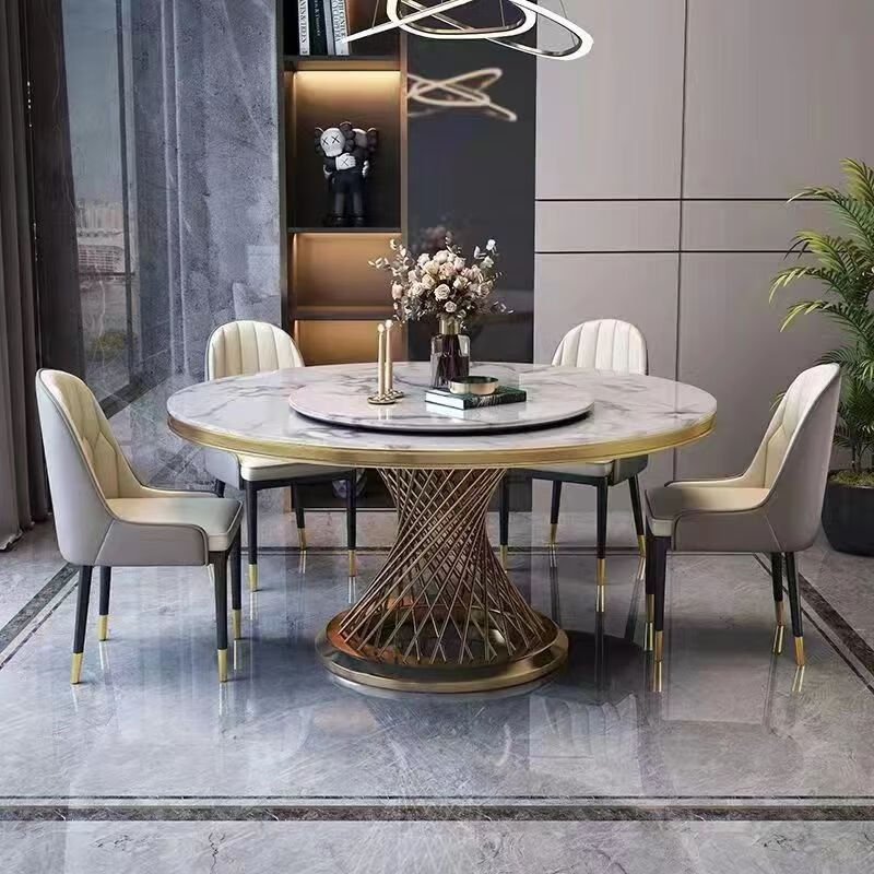 Modern Marble Dining Table Gold Stainless Steel Dining Table Hotel Restaurant Banquet Round White Black Top Table