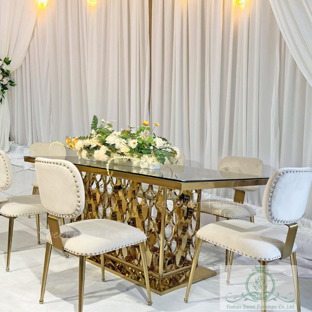Romantic Wedding Furniture Golden Stainless Steel Base 8 Seater Hotel Table Tempered Glass Modern Wedding Tables And Chairs