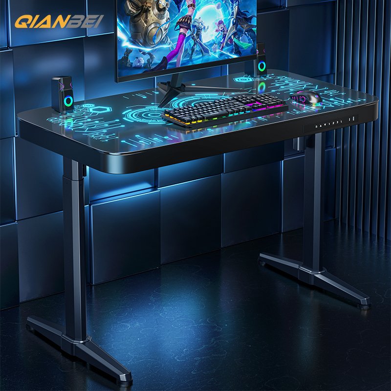 Modern Height Adjustable RGB Lighting Gaming Desk Tempered Glass Top for Esports for Hotel Living Room Bedroom gaming table