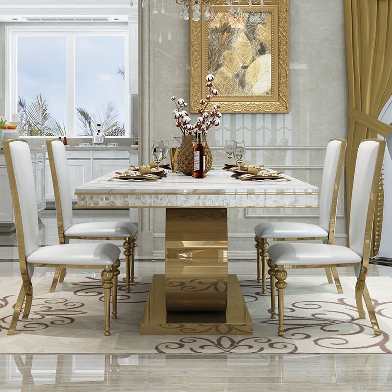 Modern Gold Stainless Steel Dining Room Furniture Rectangle Luxury 6 8 10 12 Seater Marble Top Dining Table Sets