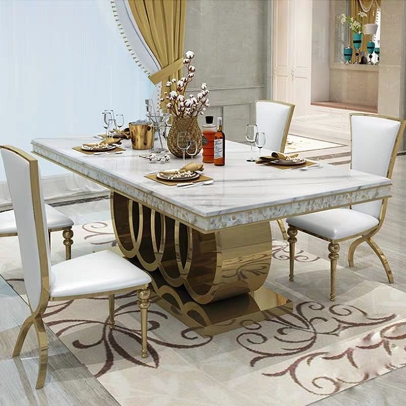 Modern Gold Stainless Steel Dining Room Furniture Rectangle Luxury 6 8 10 12 Seater Marble Top Dining Table Sets