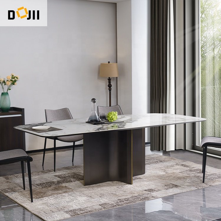 Dojii Modern Design Natural Polished Honed Travertine Sintered Stone Composite Glass with Metal Leg Furniture for Hotels