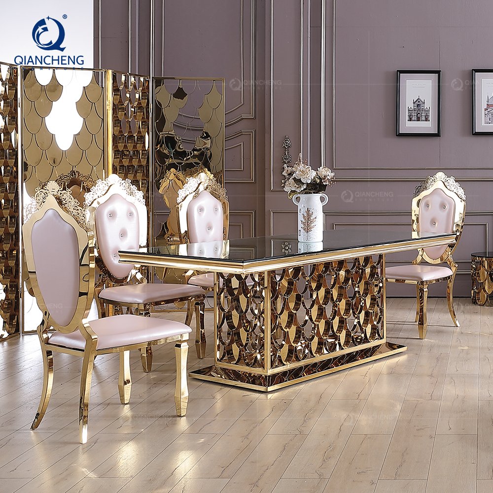 Large luxury gold 10 seater dining tables hotel banquet decor mirror wedding table