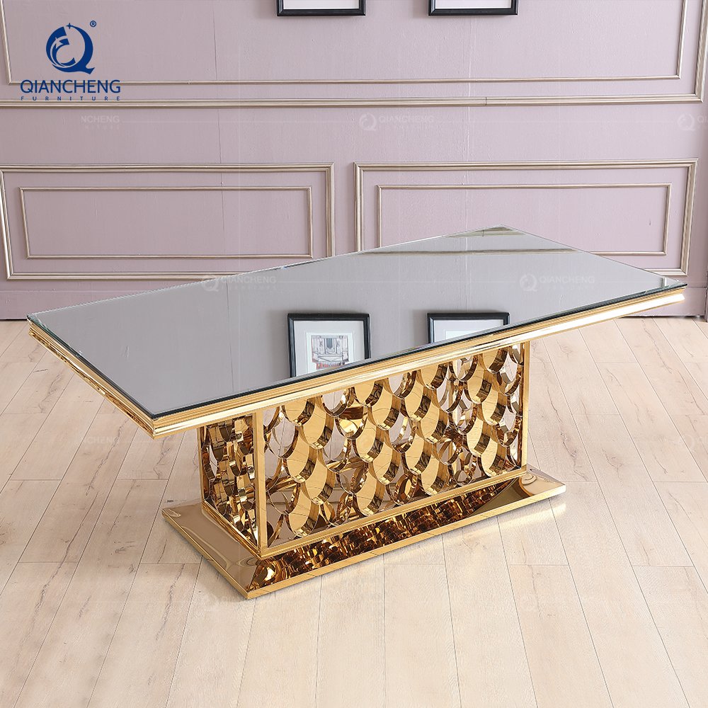 Large luxury gold 10 seater dining tables hotel banquet decor mirror wedding table