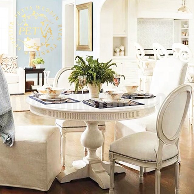 White 1.5M diameter round wooden coffee dining bedside table with 6 chairs for restaurant used