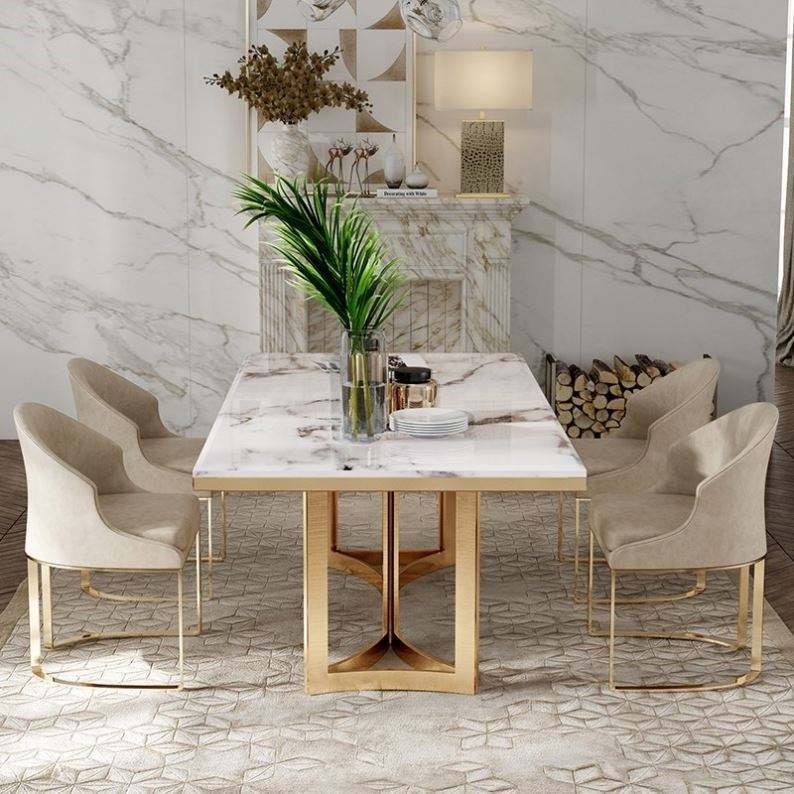 Light Luxury Modern Style Villa Furniture High-end Custom Metal Base With Marble 6 Seater Dining Table Set