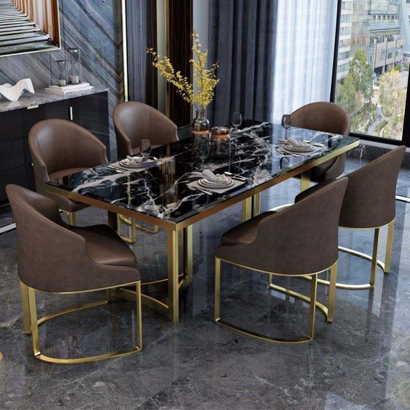 Light Luxury Modern Style Villa Furniture High-end Custom Metal Base With Marble 6 Seater Dining Table Set