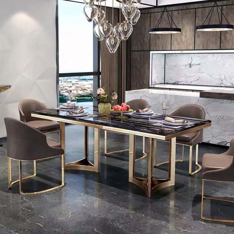 Light Luxury Modern Style Villa Furniture High-end Custom Metal Base With Marble 6 Seater Dining Table Set