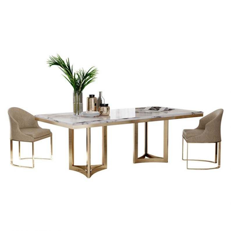 Light Luxury Modern Style Villa Furniture High-end Custom Metal Base With Marble 6 Seater Dining Table Set