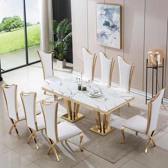 Modern Luxury 12 Seater Dining Table Set Mirror Golden with Marble Finish for Living Room or Kitchen