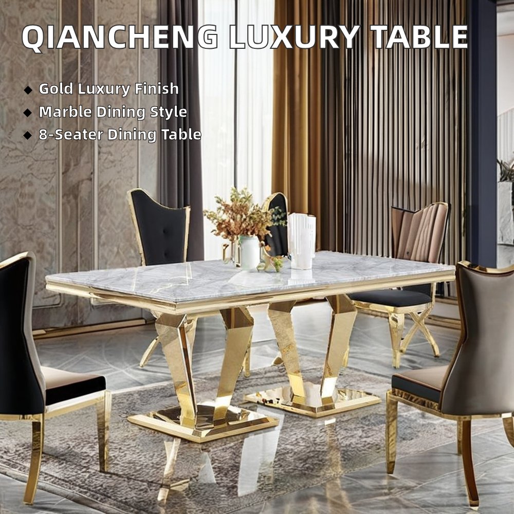 Modern Luxury 12 Seater Dining Table Set Mirror Golden with Marble Finish for Living Room or Kitchen