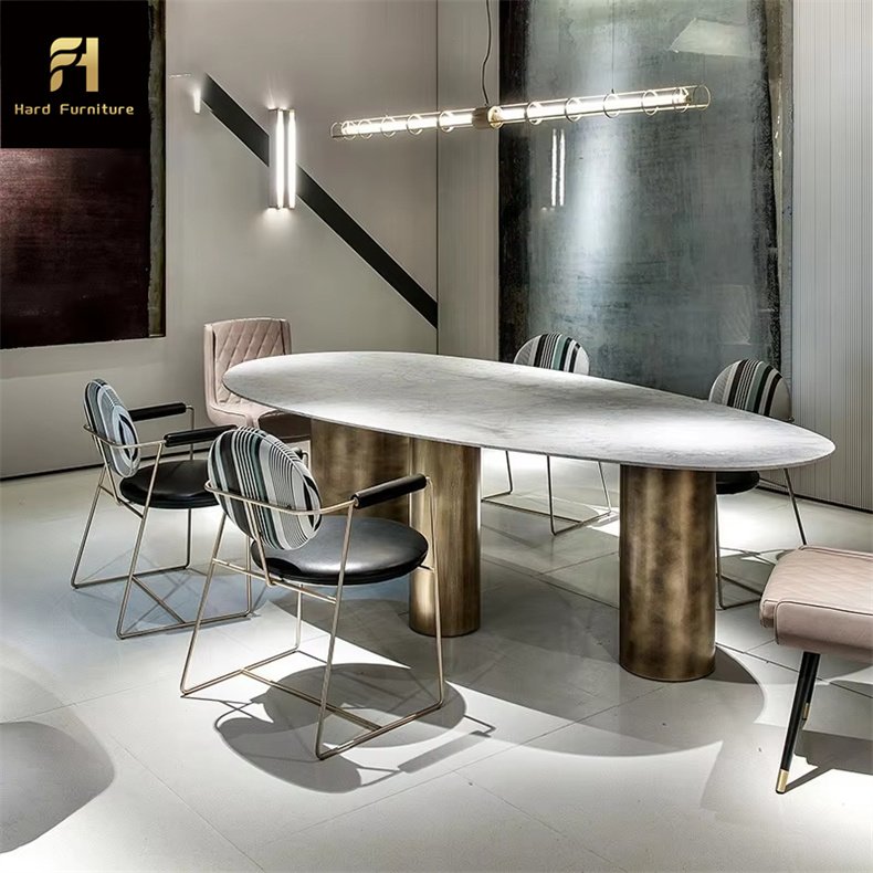 New Design Luxury Dining Room Furniture Stone Marble Top Stainless Steel Leg Oval Home Dining Table