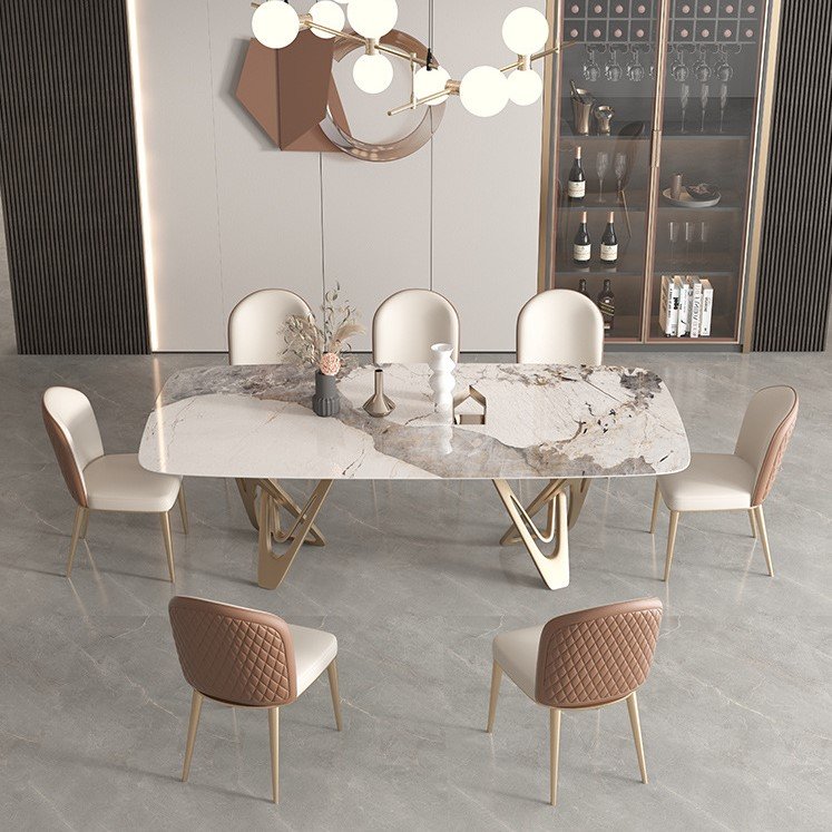 Italy design C shape stainless steel golden base rectangular marble table set luxury dining table and chairs