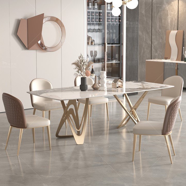 Italy design C shape stainless steel golden base rectangular marble table set luxury dining table and chairs