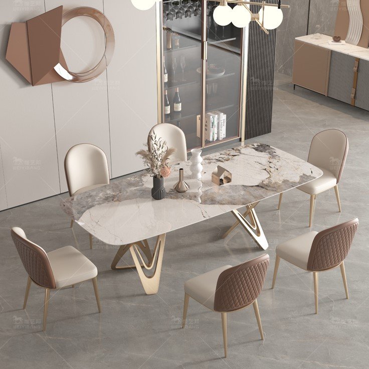 Italy design C shape stainless steel golden base rectangular marble table set luxury dining table and chairs