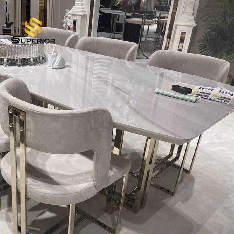2023 wholesale Elegant modern dining table stainless steel table base for glass dining room furniture table set 8 chairs